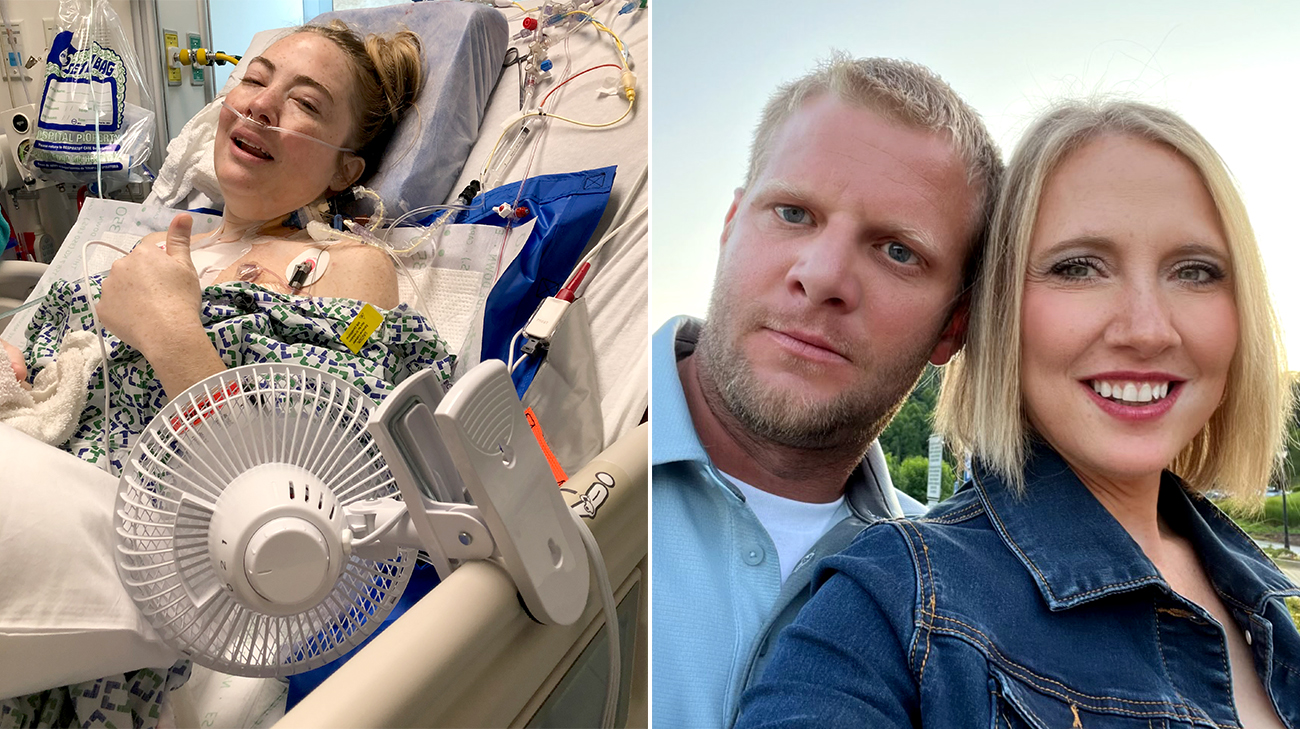 Jennifer after undergoing a double-lung transplant as well as Jennifer with her fiancé.