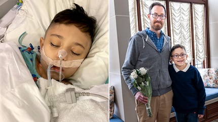 Ahmad in hospital, and Ahmad with donor